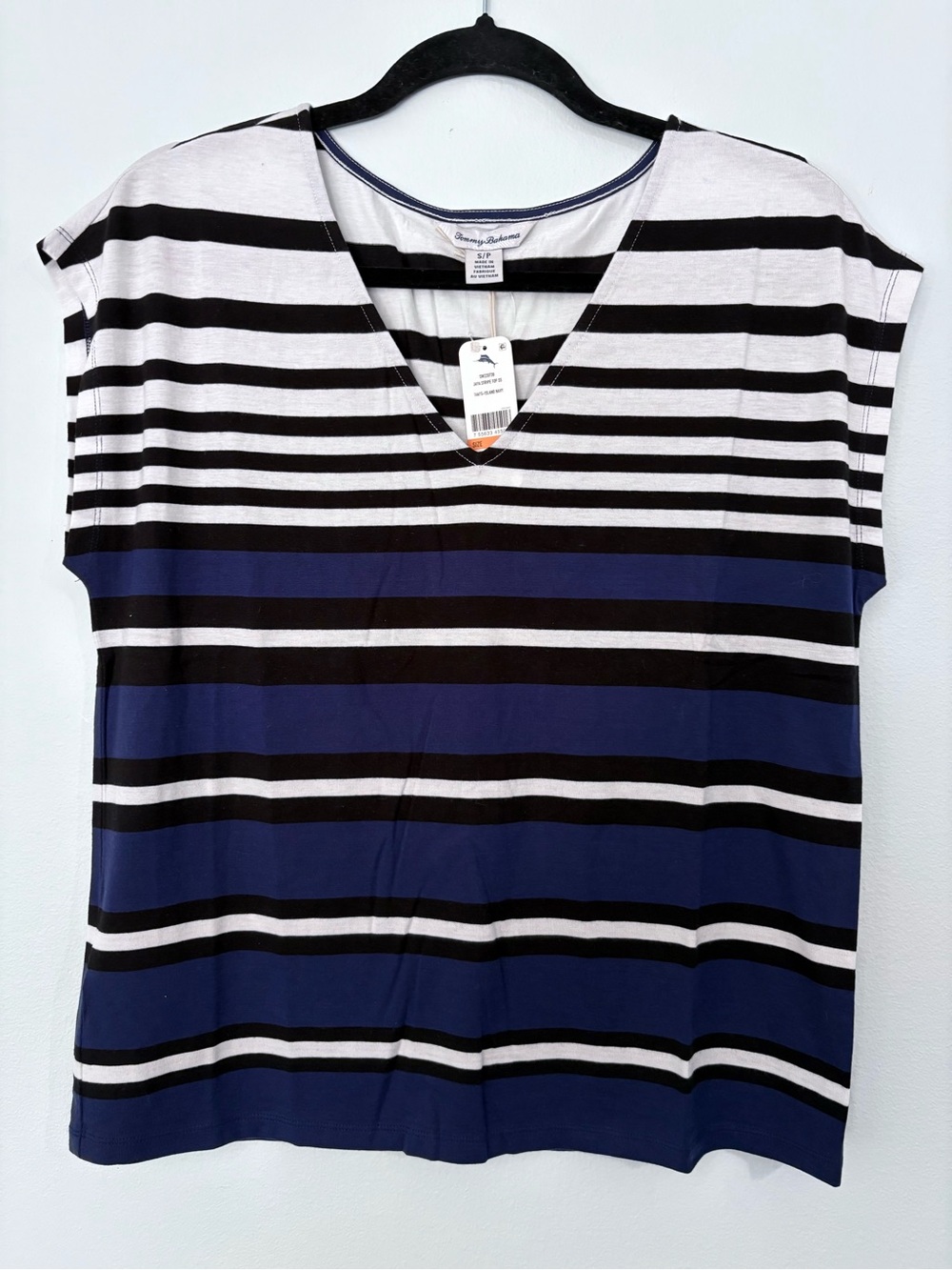 Tommy Bahama Navy Black White Striped V-Neck Short Sleeve Top